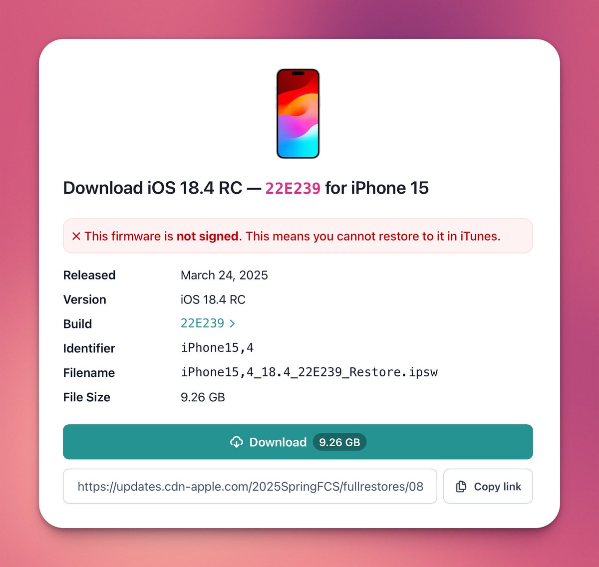 Apple no longer signs these versions 👇
❌ iOS 18.4 RC (22E239)
❌ iOS 18.5 beta 3 (22F5053j)

❌ iPadOS 18.4 RC (22E239)
❌ iPadOS 18.5 beta 3 (22F5053j)

❌ tvOS 18.4 RC (22L254)
❌ tvOS 18.5 beta 3 (22L5559d)

❌ visionOS 2.4 RC (22O237)
❌ visionOS 2.5 beta 3 (22O5459c)