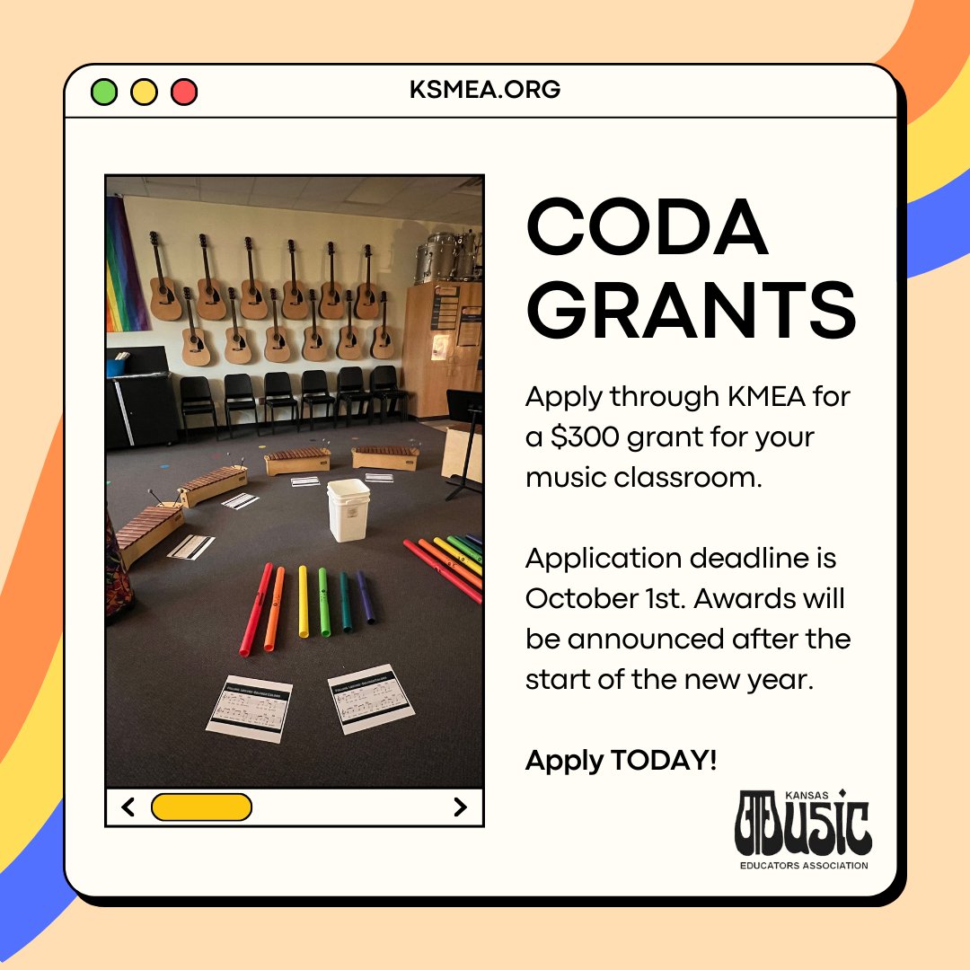 The application window for the 2026 CODA Grants has opened! 🎉

The application is short, easy, and designed to help you Create Outstanding Developments in the musical Arts. Applications due October 1st. 📲
ksmea.org/resources/coda…

#kmea #kmea2026 #isw #isw2026 #classroom #grant