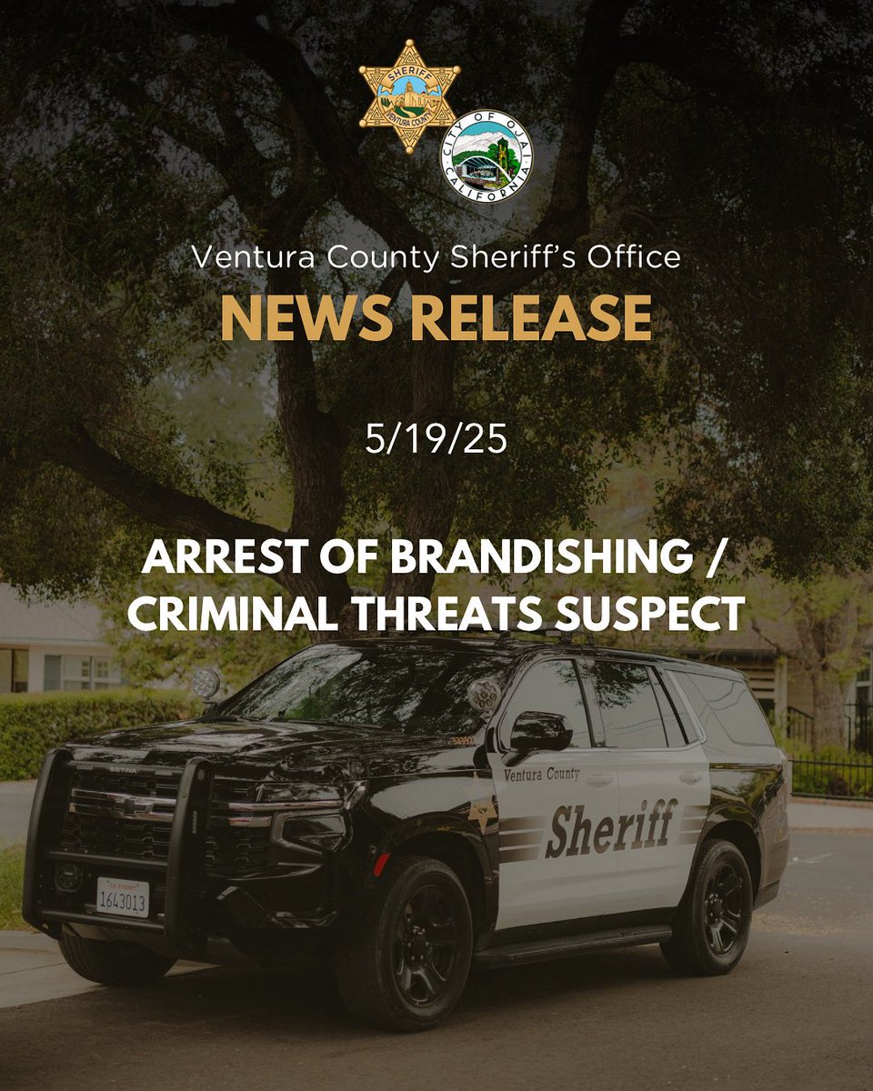 Ojaipd's tweet photo. On 05/10/2025, at about 9:00 AM, Ojai Patrol deputies arrested (A) Javier Soriano Cassarubias for his involvement in the brandishing of a firearm and criminal threats incident that occurred the night of 05/09/2025 in the unincorporated area of Ojai known as Oak View. https://t.co/yapEuyWxPe