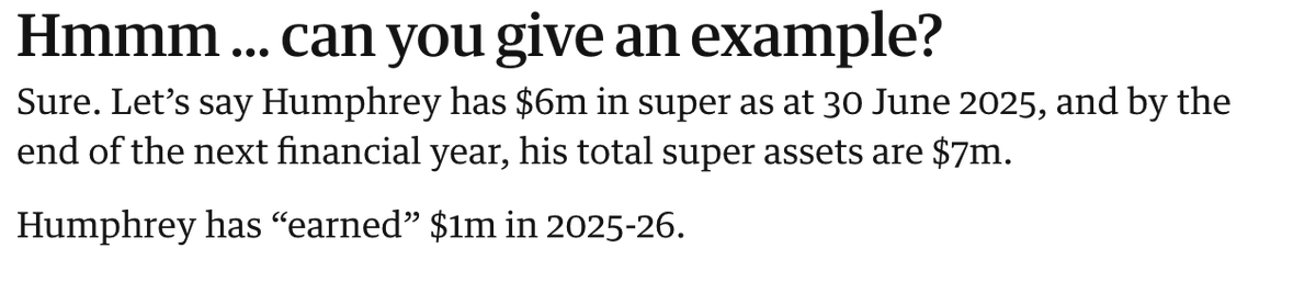 So much squealing from the wealth class. In this example, Humphrey pays $85K in tax on $1 million gain in super.  How many people’s super would increase by $1 million in a year? Or have $6 million super? Realised or unrealised, they’ve probably got enough to pay the tax. #AUSPOL