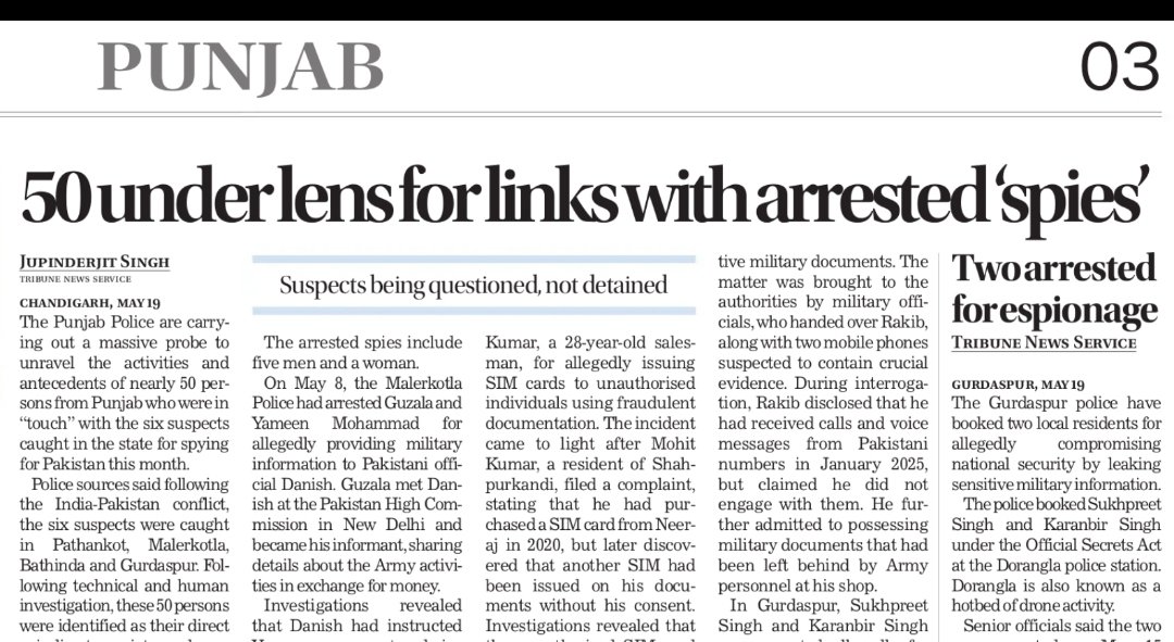 jupinderjit singh (@japs99) on Twitter photo The Punjab Spy Racket!!
Read full story here:
tribuneindia.com/news/punjab/50… 50 under lens for links with arrested ‘spies’
<a href="/thetribunechd/">The Tribune</a> exclusive
<a href="/jomalhotra/">Jyoti Malhotra</a>
#indopakwar
#spies The Punjab Spy Racket!!
Read full story here:
tribuneindia.com/news/punjab/50… 50 under lens for links with arrested ‘spies’
<a href="/thetribunechd/">The Tribune</a> exclusive
<a href="/jomalhotra/">Jyoti Malhotra</a>
#indopakwar
#spies
