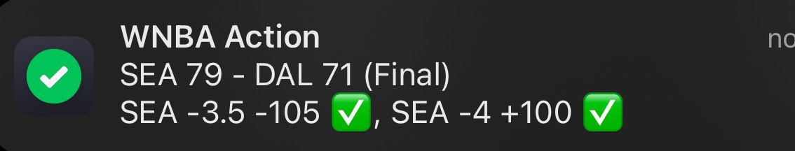 AiBetsDaily's tweet image. ✅ Cashed Both Storm Bets!

• Storm −3.5 @ −105 
• Storm −4.0 @ +100 

#WNBA #SportsBetting #SharpAction