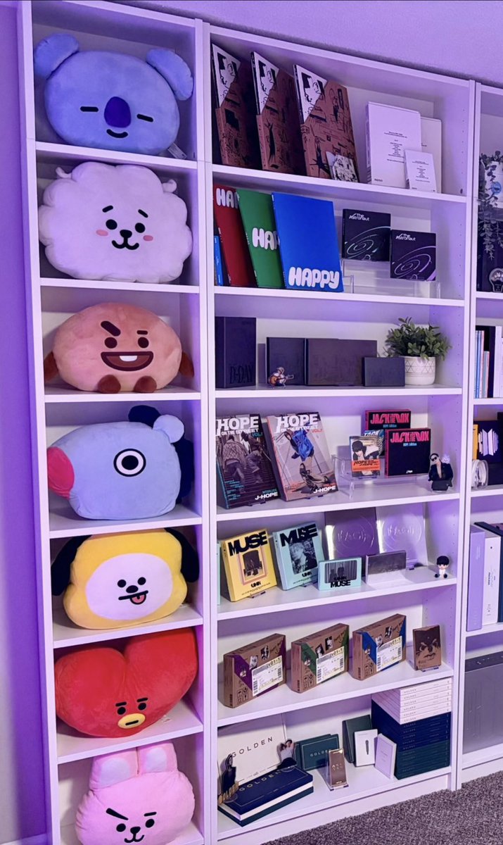 blue_and_tae's tweet image. the bt21 plushies with the corresponding member’s solo albums this is ART!!!
