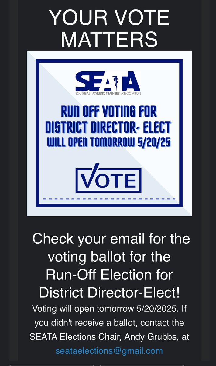 Mike Van Bruggen (@mikevanbruggen) on Twitter photo I want to thank <a href="/YoungProf_AT/">Dr. Nikki Harris ✨</a> for being a candidate for the <a href="/SEATA9/">SEATA District IX</a> District Director. Dr. Harris is a quality person & leader in our profession & I have little doubt that she will 1 day be DD. Thank you Nikki!
Please vote in the run off election! Your vote is your voice! I want to thank <a href="/YoungProf_AT/">Dr. Nikki Harris ✨</a> for being a candidate for the <a href="/SEATA9/">SEATA District IX</a> District Director. Dr. Harris is a quality person & leader in our profession & I have little doubt that she will 1 day be DD. Thank you Nikki!
Please vote in the run off election! Your vote is your voice!