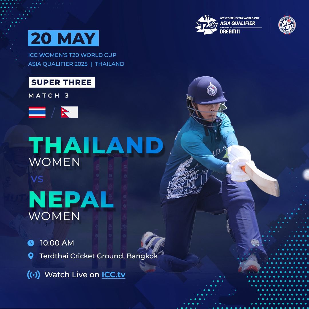 #𝐈𝐂𝐂𝐖𝐎𝐌𝐄𝐍𝐒𝐓𝟐𝟎𝐖𝐎𝐑𝐋𝐃𝐂𝐔𝐏𝐀𝐒𝐈𝐀𝐐𝐔𝐀𝐋𝐈𝐅𝐈𝐄𝐑  — 𝐓𝐡𝐚𝐢𝐥𝐚𝐧𝐝 🇹🇭 𝐭𝐚𝐤𝐞 𝐨𝐧 𝐍𝐞𝐩𝐚𝐥 🇳🇵 𝐖𝐨𝐦𝐞𝐧 !

Watch the tournament live and FREE on 
ICC.TV in selected territories.

#iccwomenst20worldcupasiaqualifier
