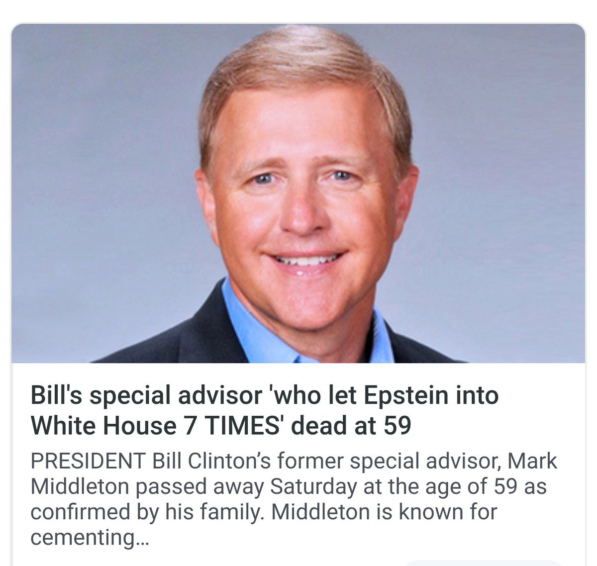 5dme81's tweet photo. TRUMP POSTED KILLARY Clinton Body Count🚨🚨

Middleton, who served as special assistant to President Bill Clinton in the 1990s he was found hanging from a tree with a shotgun blast. 😲 https://t.co/ISED893Uzo