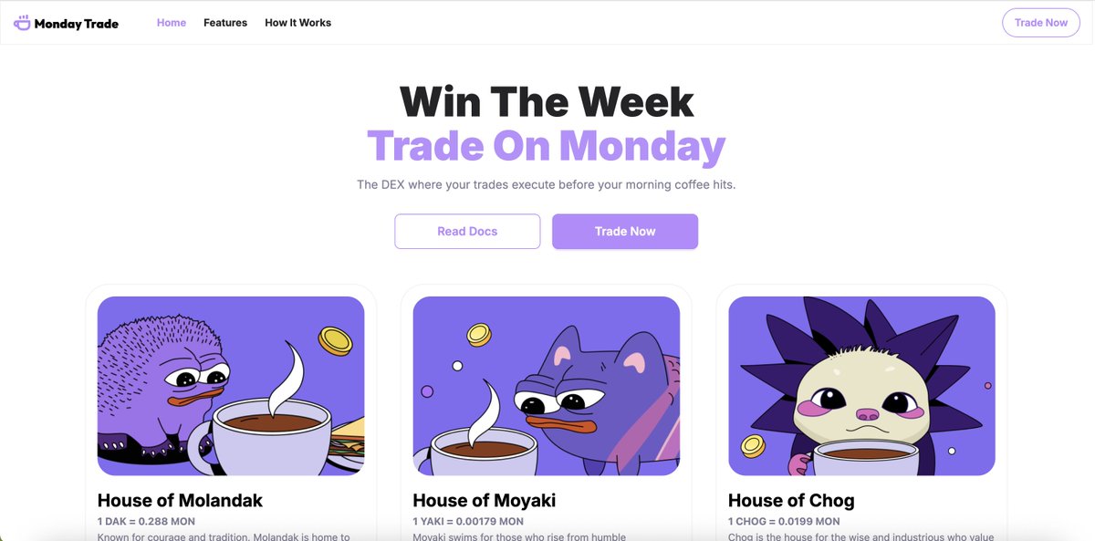 spark🎒 (@0x_xifeng) on Twitter photo . <a href="/monad_xyz/">Monad</a> 生态更新一个项目:<a href="/MondayTrade_/">Monday Trade</a>
简单介绍的话就是一个DEX。
我看到他们是Powered by <a href="/SynFuturesDefi/">SynFutures</a> ,所以这应该是Synfutures做的或者是孵化的。
后续的dc社区,他们也会举办一些活动,比如角色奖励,NFT抽奖等等,里面也有领水频道,可以领 $MON 测试。 . <a href="/monad_xyz/">Monad</a> 生态更新一个项目:<a href="/MondayTrade_/">Monday Trade</a>
简单介绍的话就是一个DEX。
我看到他们是Powered by <a href="/SynFuturesDefi/">SynFutures</a> ,所以这应该是Synfutures做的或者是孵化的。
后续的dc社区,他们也会举办一些活动,比如角色奖励,NFT抽奖等等,里面也有领水频道,可以领 $MON 测试。