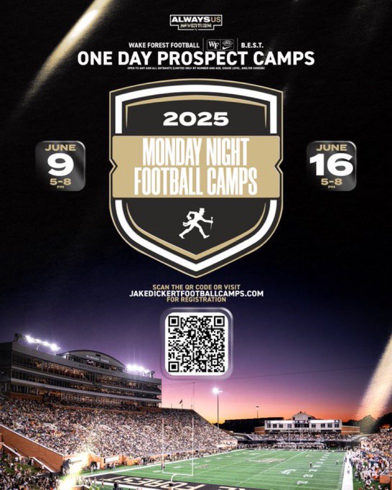 Jaquavian Sheard 2028 ATH (@b33nhavin) on Twitter photo Very blessed to receive a camp invite to the University Of Wake Forestโผ๏ธ<a href="/WakeFB/">Wake Forest Football</a> <a href="/Rivals/">Rivals</a> <a href="/On3Recruits/">On3 Recruits</a>
<a href="/CoachDickert/">Jake Dickert</a> <a href="/RobEzell/">Rob Ezell</a> <a href="/Adam_Pilapil/">Coach AP</a> <a href="/FootballHolcomb/">Mark Holcomb</a>
<a href="/CoachK2x4/">Kaligis Pete</a> <a href="/Coach_JKramer/">Justin Kramer</a> <a href="/WhitworthN/">Nick Whitworth</a> <a href="/tbarragan5/">Tyler Barragan</a> Very blessed to receive a camp invite to the University Of Wake Forestโผ๏ธ<a href="/WakeFB/">Wake Forest Football</a> <a href="/Rivals/">Rivals</a> <a href="/On3Recruits/">On3 Recruits</a>
<a href="/CoachDickert/">Jake Dickert</a> <a href="/RobEzell/">Rob Ezell</a> <a href="/Adam_Pilapil/">Coach AP</a> <a href="/FootballHolcomb/">Mark Holcomb</a>
<a href="/CoachK2x4/">Kaligis Pete</a> <a href="/Coach_JKramer/">Justin Kramer</a> <a href="/WhitworthN/">Nick Whitworth</a> <a href="/tbarragan5/">Tyler Barragan</a>