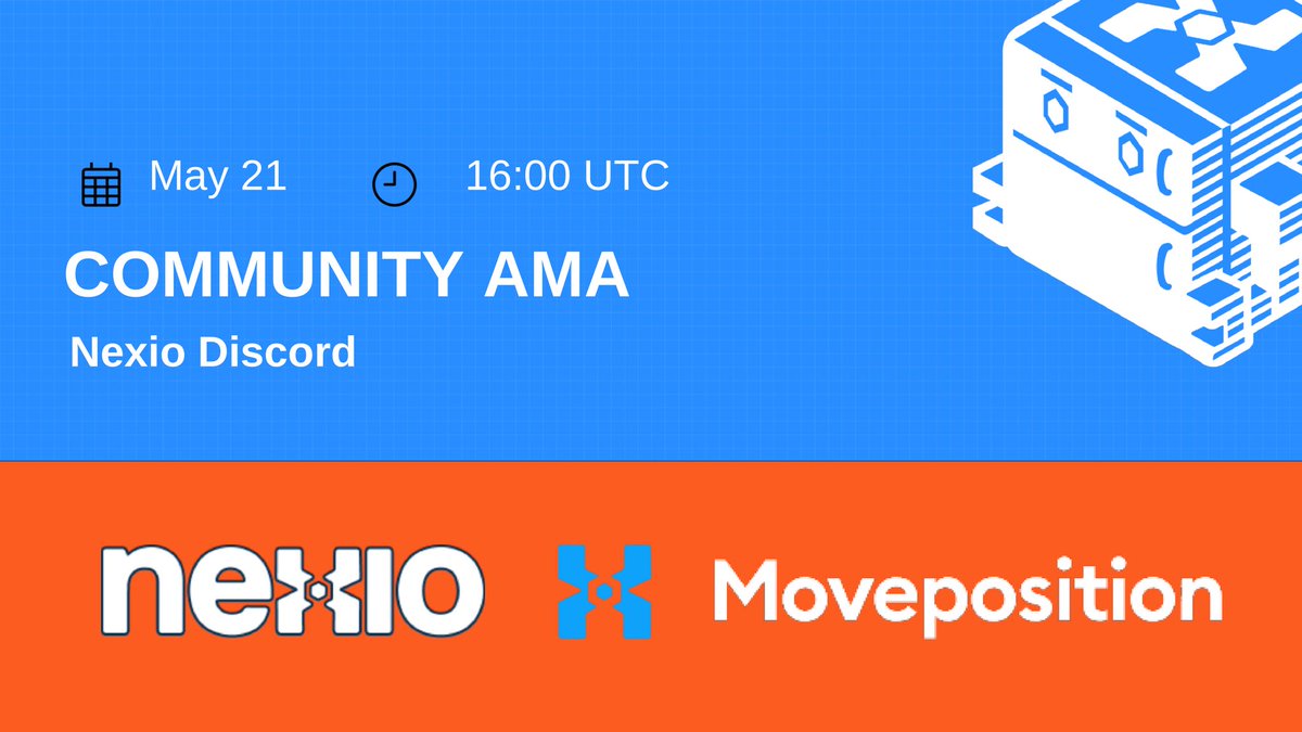 nexio (@buildnexio) on Twitter photo We are excited to be hosting an AMA with <a href="/MovePosition/">MovePosition</a> on May 21 at 16:00 UTC in our discord.
See you there! We are excited to be hosting an AMA with <a href="/MovePosition/">MovePosition</a> on May 21 at 16:00 UTC in our discord.
See you there!