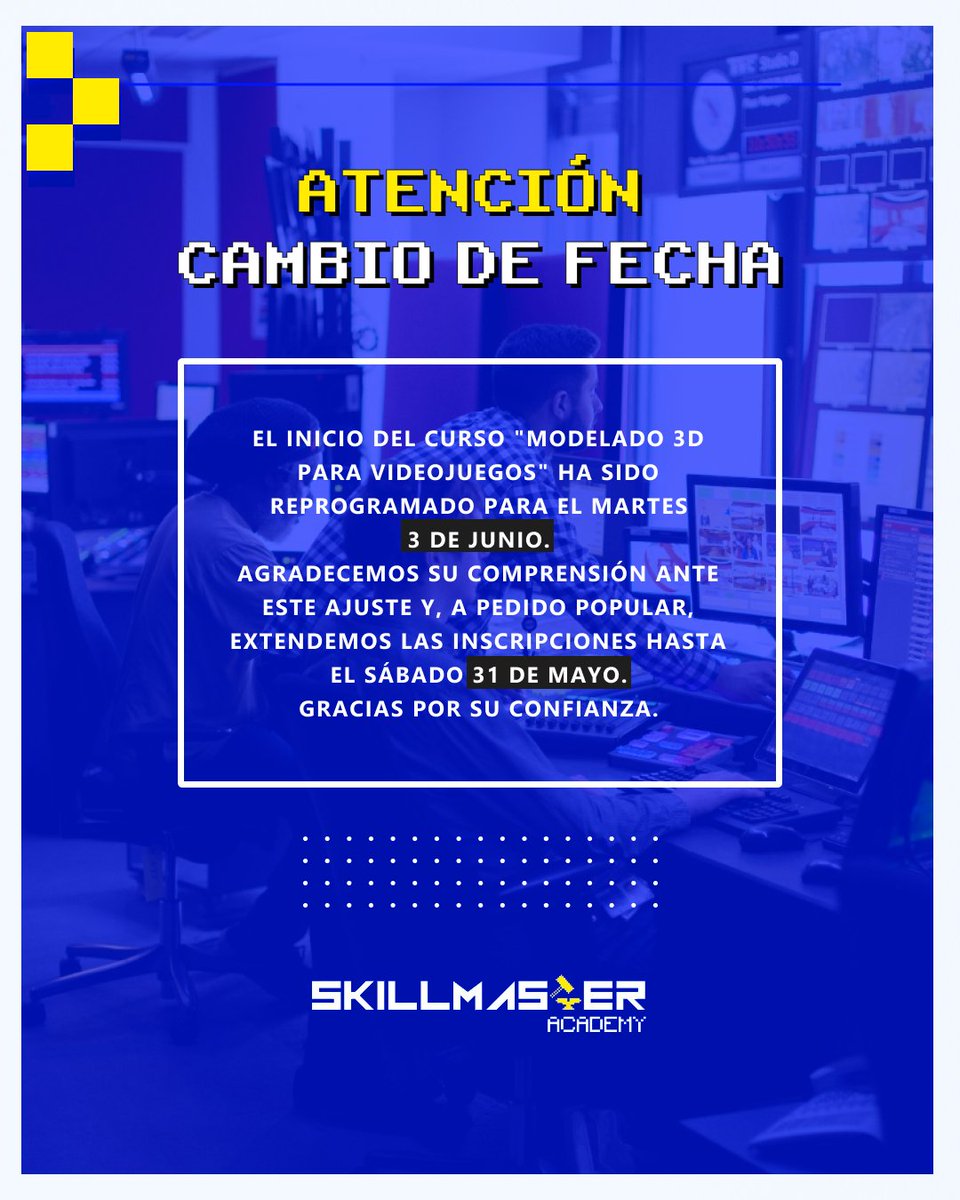 📢 Aviso importante:
El curso "Modelado 3D para videojuegos" comenzará el 3 de junio.
A pedido popular, extendemos inscripciones hasta el 31 de mayo.
Gracias por su comprensión.
— Skillmaster Academy