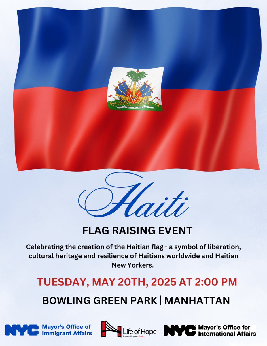 Join us on May 20, 2025, for the Haitian Flag Raising Ceremony—celebrating 222 years of pride, unity, and empowerment during NYC’s Haitian Heritage Month. One ♥️, One 🇭🇹 &amp; One  Community!