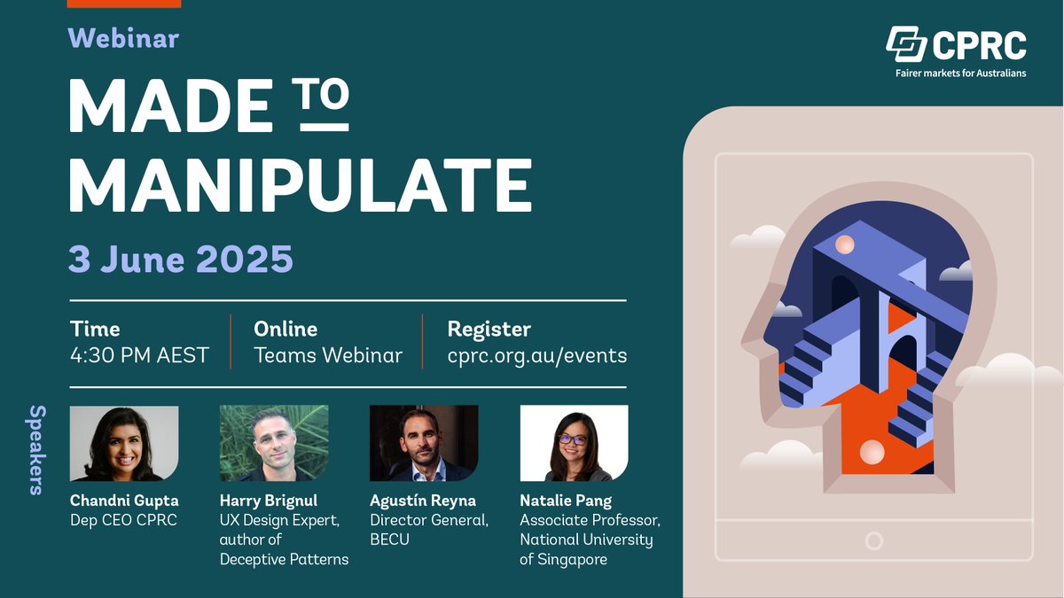 🌍 A Global Tour of Dark Patterns 
From Oslo to DC, explore how governments and advocates are tackling deceptive digital design #DarkPatterns

Made to Manipulate webinar
🗓️ 3 June 
⏰ 4:30PM AEST
🔗 Register: cprc.org.au/event/made-to-… 

 #DigitalRights #OnlineSafety
