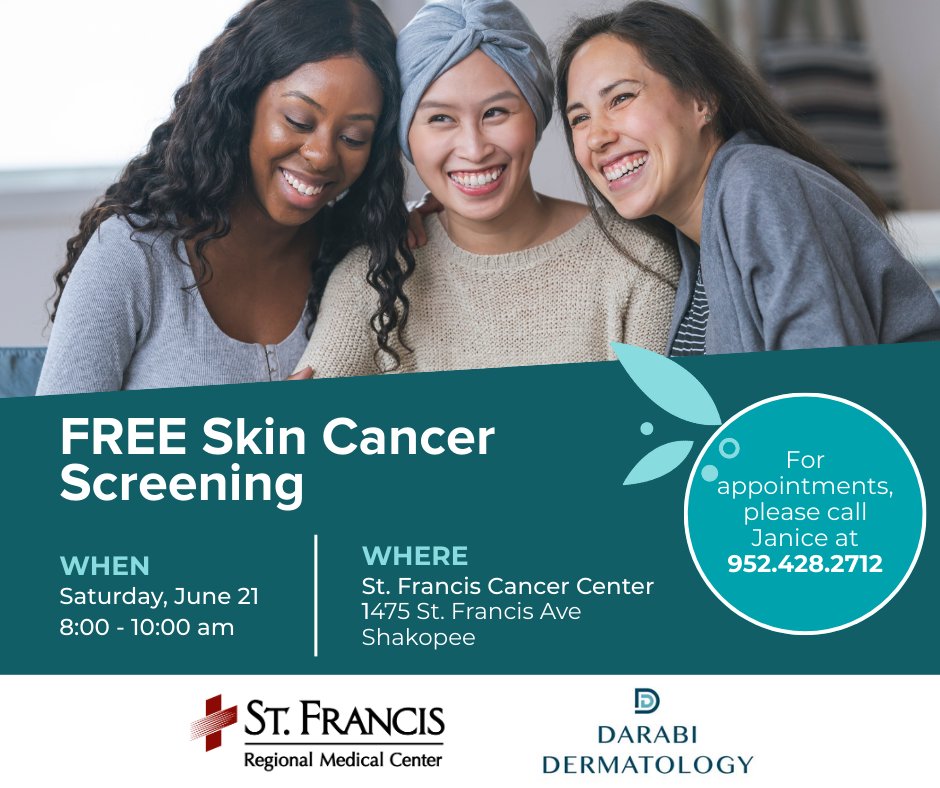 St. Francis, in partnership with Darabi Dermatology, is hosting a FREE Skin Cancer Screening!

Skin cancer screenings can detect melanoma and other skin cancers early.

Event intended for uninsured or underinsured. Spots are limited and filled on a first come, first served basis.