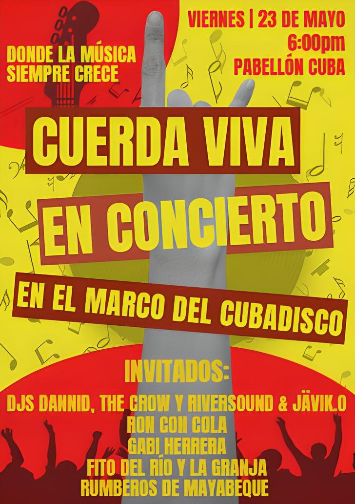 🎹🎸🎵¡No te pierdas Cuerda Viva en Cubadisco 2025! Será el 23 de mayo a las 6 p.m. en el Escenario Central del Pabellón #Cuba. ¡Una noche llena de música y talento cubano que no puedes dejar pasar! #CubaUnica #CubaTravel #CuerdaViva #Cubadisco2025 #MúsicaCubana #PabellónCuba