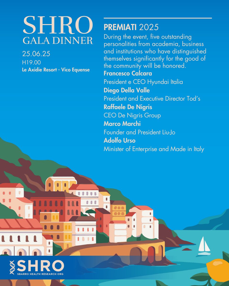 🎉 Big news from SHRO!
On June 25th, we’ll honor 5 exceptional leaders in business &amp; public service at our 2025 Gala in Italy 🇮🇹

💼 Calcara (<a href="/Hyundai_Italia/">Hyundai Italia</a>)
👞 Della Valle (<a href="/Tods/">Tods</a>)
🍇 De Nigris (<a href="/DeNigris1889/">De Nigris</a>)
👗 Marchi (<a href="/liujo/">LIUJO</a>)
🇮🇹 <a href="/adolfo_urso/">Adolfo Urso</a> (Minister of Made in Italy) 
#SHRO