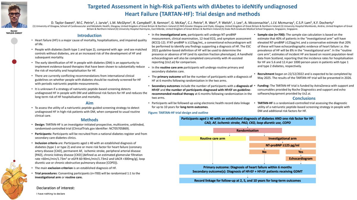 Maggie Simpson (@m4ggiesimpson) on Twitter photo Dr Taylor-Sweet presents #TARTANHF trial design
🏴multicentre RCT
❓does natriuretic peptide-based screening detect undiagnosed #heartfailure in high-risk diabetes patients vs routine care
🧑🤝🧑700 participants
🗓️results in 2026
#HeartFailure2025 <a href="/Kieranfdocherty/">Kieran Docherty</a> <a href="/markcpetrie20/">Mark Petrie</a> Dr Taylor-Sweet presents #TARTANHF trial design
🏴multicentre RCT
❓does natriuretic peptide-based screening detect undiagnosed #heartfailure in high-risk diabetes patients vs routine care
🧑🤝🧑700 participants
🗓️results in 2026
#HeartFailure2025 <a href="/Kieranfdocherty/">Kieran Docherty</a> <a href="/markcpetrie20/">Mark Petrie</a>