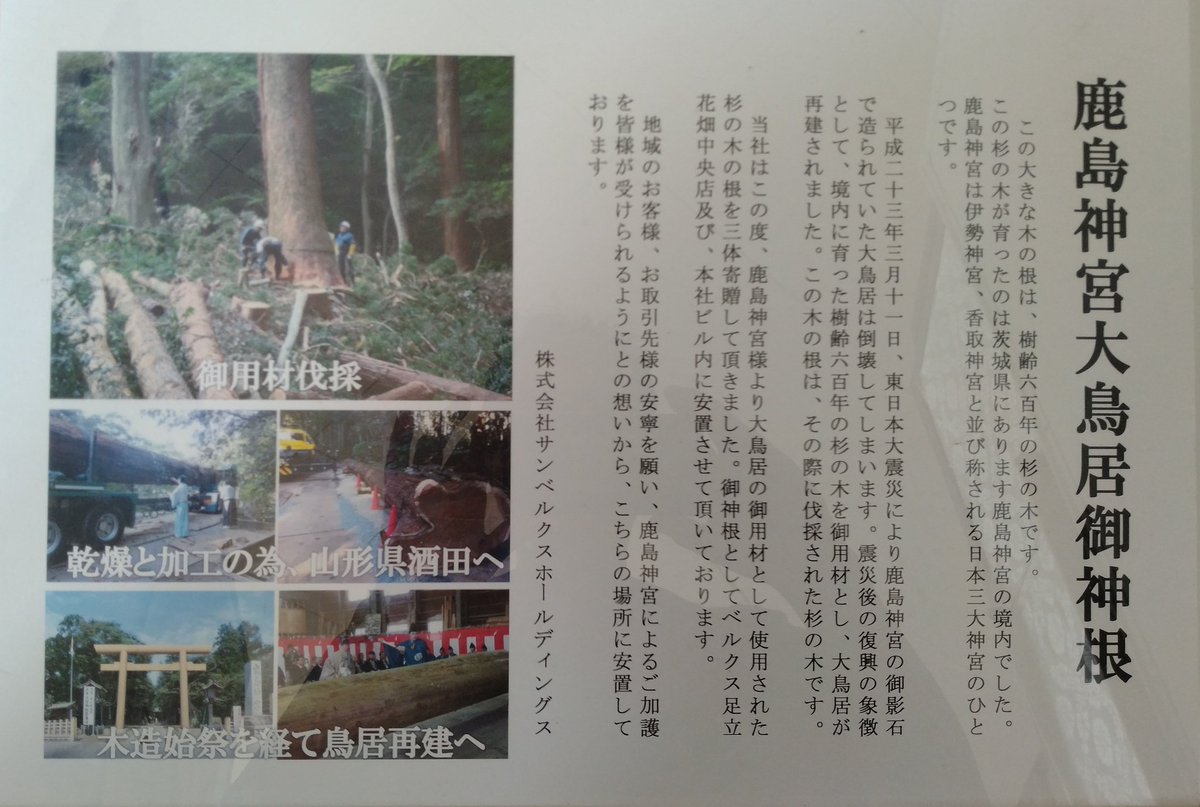 スーパーの一角に何気なく鎮座されていて私も一度通り過ぎてから「んっ、いま神社っぽいのなかった？」と戻って確認したくらい日常に溶け込んでいたのが、この鹿島神宮の御神木の根を祀った社でした
残った根にも神性を感じ、また信仰の対象として違和感がないのも何とも日本らしい姿だなと思いました