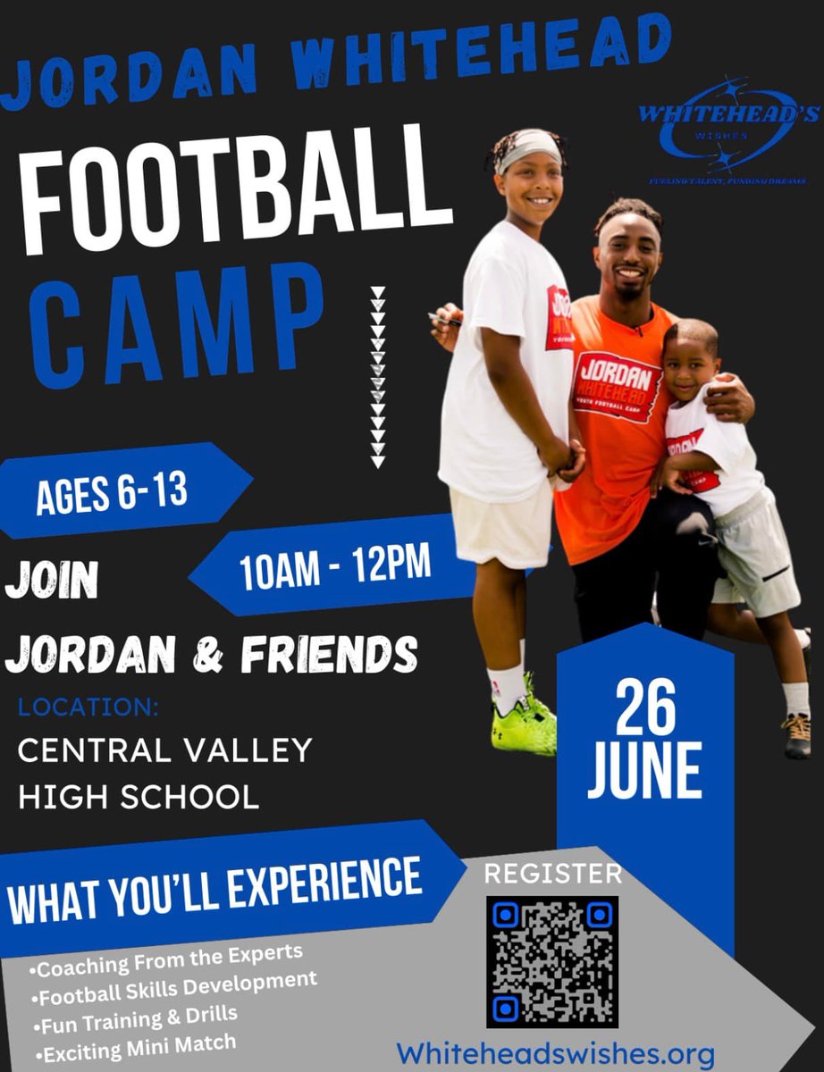 🏈 JUST ANNOUNCED! 🏆
Whitehead’s Wishes proudly presents:

🛡️ THE ANNUAL JORDAN WHITEHEAD FOOTBALL CAMP

📍 Central Valley High School | Monaca, PA
📅 June 26, 2025
🕙 10:00 AM – 12:00 PM
🎯 Ages 6–13
Join Jordan Whitehead, Super Bowl Champion 🏆 and proud Central Valley Warrior