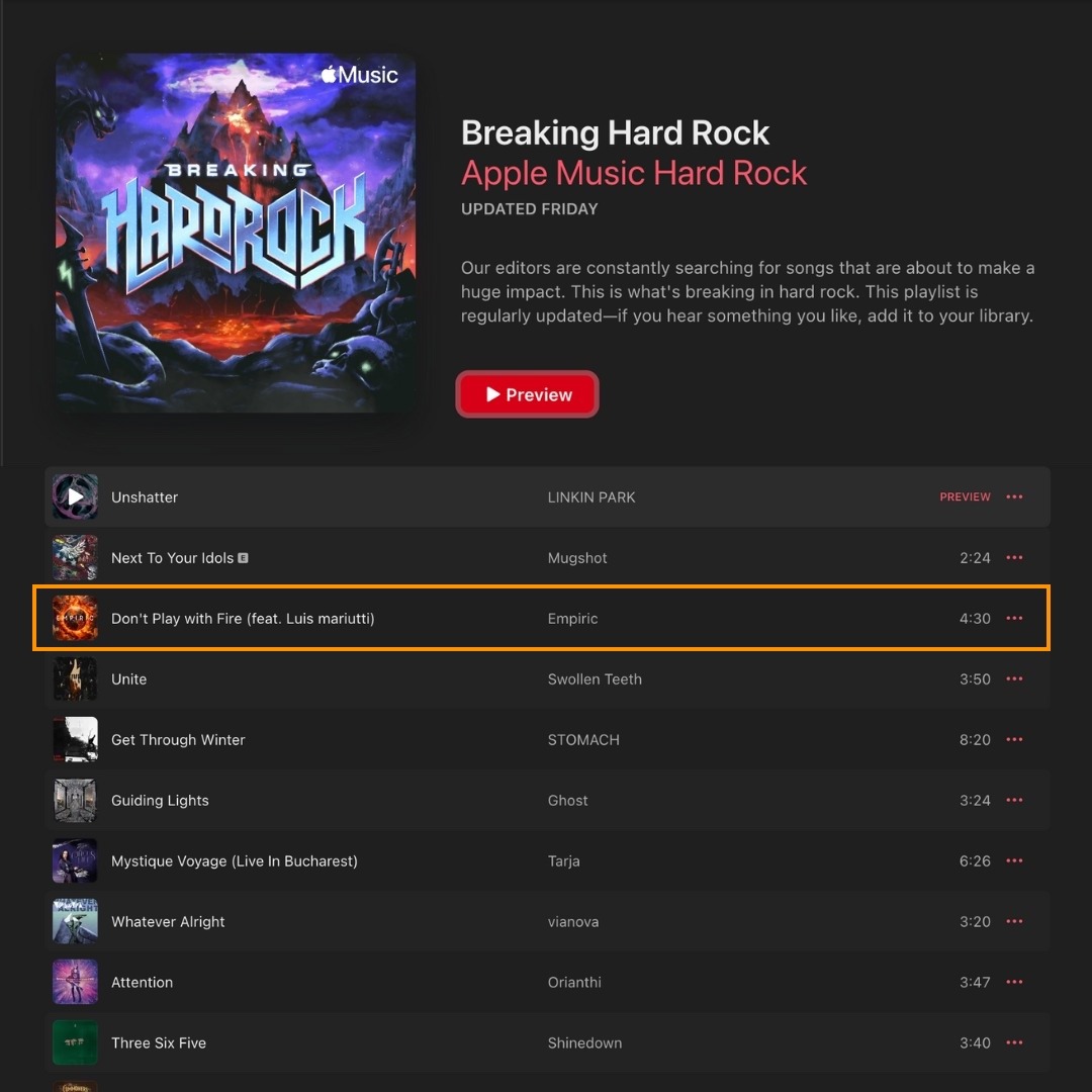 empiricband's tweet photo. #DontPlayWithFire is featured on @AppleMusic's official Metal and Hard Rock playlists 🤩🙏

LISTEN ⬇️👇
https://t.co/4rL9YPhjmr

https://t.co/whDDCR3LTN

#Empiric #Music #Rock #metal #HardRock #NewSingle #AppleMusic #BreakingMetal #BreakingHardRock https://t.co/voYIxc2FAm
