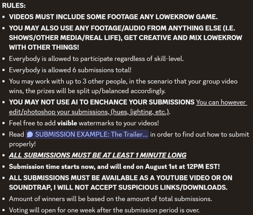 Lowekrow's tweet photo. Do you like to make videos? Films? Stories? And/or music? Then why not participate in our ongoing contest!

Rules in photo 2, Prizes in photo 3!

Please feel free to reply with your submission below if you can't join our Discord! Hope to see some submissions! https://t.co/TOtONqID7q