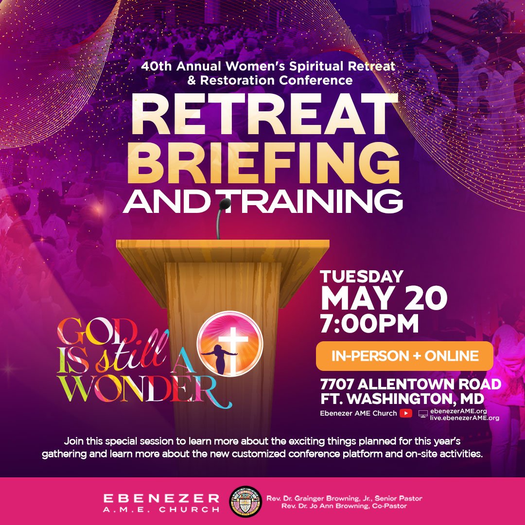 GodIsAWonder's tweet photo. Sisters planning to attend the 40th Annual Women's Retreat, make your way to Ebenezer on Tues., May 20 at 7 p.m. for the Retreat Briefing. Learn all about the activities planned for this year's gathering, along with a view of the new customized virtual viewing platform. https://t.co/ucOKphhE0n