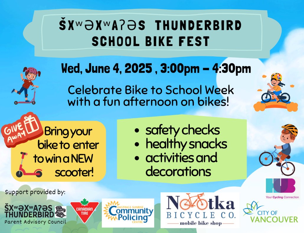 We'll be at šxʷəxʷaʔəs Thunderbird Elementary School on June 4th from 3PM to 4:30 PM for their annual Bike Fest.

The <a href="/HastingsCPC/">HSCPC</a> will be there to offer free <a href="/project529/">Project 529</a> bike registrations!

Bring your bike and we'll see you there!