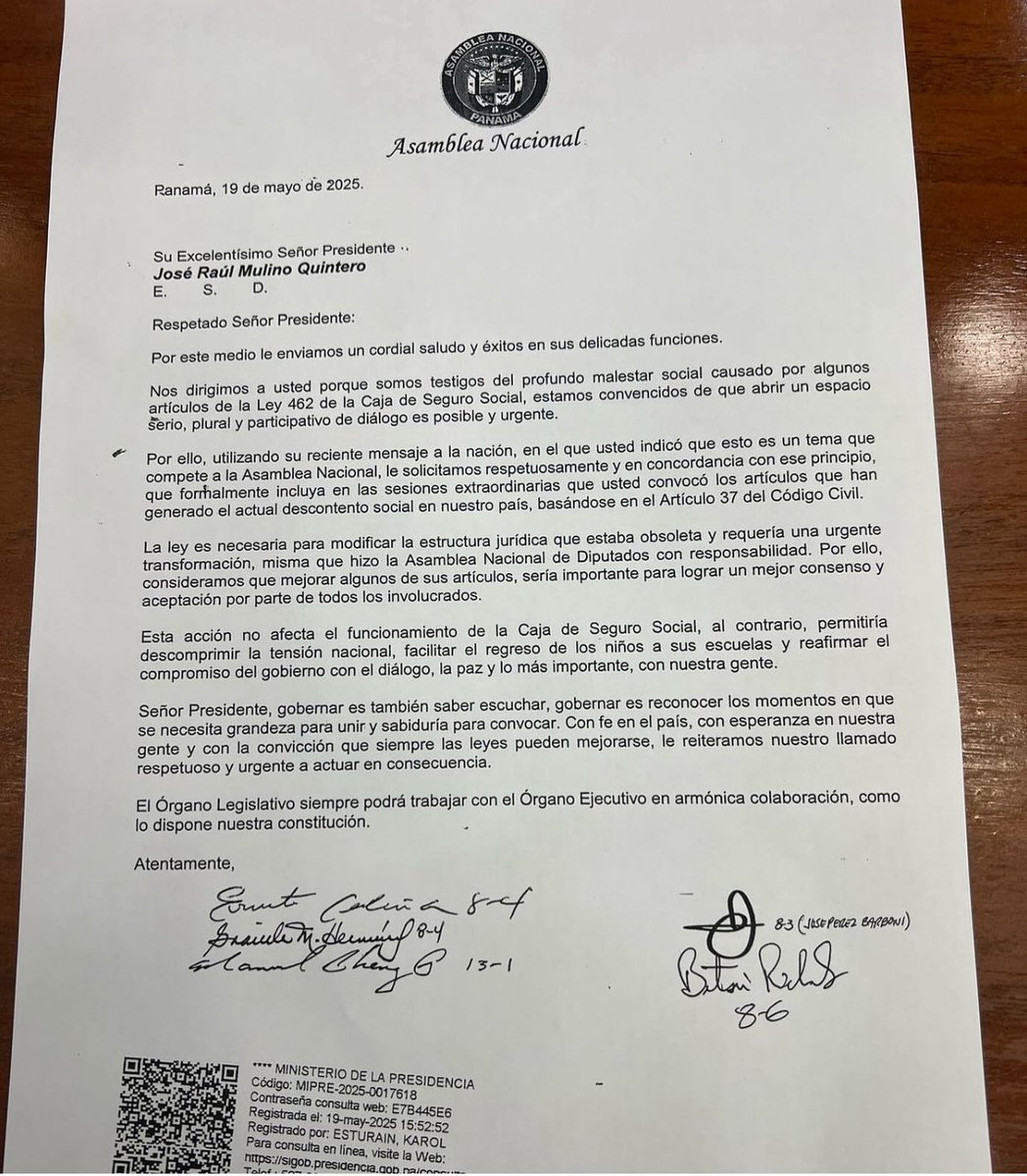 Varios diputados enviaron una nota al presidente de la República de Panamá, José Raúl Mulino, solicitando incluir en las sesiones extraordinarias de la Asamblea Nacional un espacio para la discusión de los artículos de la Ley 462 de la Caja de Seguro Social (CSS) que han generado