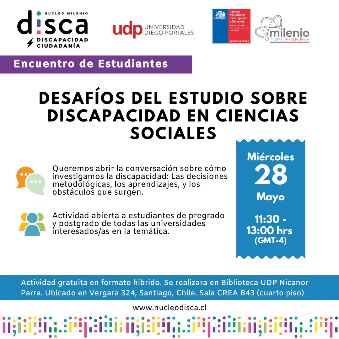 Núcleo DISCA (@nucleodisca) on Twitter photo Sé parte del Encuentro Estudiantil: Desafíos del estudio sobre discapacidad en ciencias sociales, organizado por estudiantes de DISCA. Inscripciones en docs.google.com/forms/d/e/1FAI… Sé parte del Encuentro Estudiantil: Desafíos del estudio sobre discapacidad en ciencias sociales, organizado por estudiantes de DISCA. Inscripciones en docs.google.com/forms/d/e/1FAI…