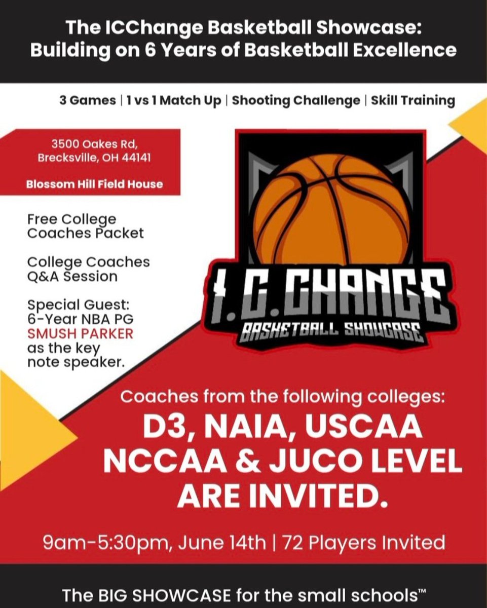 iancle1's tweet photo. Only 72 student athletes invited 
Building off of years of EXCELLENCE. Year 7 of the best showcase in northeast Ohio. 
📢 Free admission & Free to ALL PARTICIPANTS. 
Free college coaches packets. 
📅 Saturday, June 14th, 2025, players arrive 8-8:45am. The showcase starts promptly at 9 am. 
📍 Brecksville, OH (4) courts 
🎛 Live DJ @dj_velle 
📽 Social media presence in attendance. 
🎤 Former NBA 🏀💥 @SmushParker21
✝️ Fellowship of Christian officials 
⛹️🏾‍♂️ Skills training @lcttraining_ @TweetCoachTweet
🏀🎤 College coaches Q&A session 
📚 Special packets for athletes by @CoachNoelroman
⛑️🩹 Athletic Trainers 
🍊🍕 Free food and drinks. 
💰 Scholarship Awards to selected participants 
🏆 TROPHIES AWARDED (shooting challenge & 1v1 king of the court) MVP, Defensive Stopper, Playmaker, Mr. Hustle awards. 
No All-Star games ALL 72 PLAYERS GET 3 GAMES.

#ICChangeShowcase #EmpoweringAthletes #BrightFuture #TheBigShowcasefortheSmallschools #FREEBasketballShowcase #GodsPlan