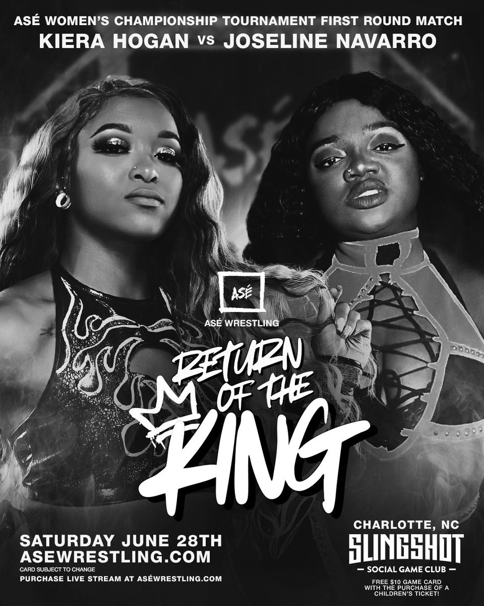 ASÉ (@asewrestling) on Twitter photo MATCH ANNOUNCEMENT:
ASÉ WRESTLING: “RETURN OF THE KING”
SAT, JUNE 28TH, CHARLOTTE, NC
ASÉ WOMEN’S CHAMPIONSHIP TOURNAMENT FIRST ROUND MATCH:
<a href="/HoganKnowsBest3/">Kiera Hogan</a> vs <a href="/Jos_E_Navarro/">🇯🇲Joseline Navarro🇩🇴🇹🇹</a>
TICKETS ON SALE NOW
ASEWRESTLING.COM MATCH ANNOUNCEMENT:
ASÉ WRESTLING: “RETURN OF THE KING”
SAT, JUNE 28TH, CHARLOTTE, NC
ASÉ WOMEN’S CHAMPIONSHIP TOURNAMENT FIRST ROUND MATCH:
<a href="/HoganKnowsBest3/">Kiera Hogan</a> vs <a href="/Jos_E_Navarro/">🇯🇲Joseline Navarro🇩🇴🇹🇹</a>
TICKETS ON SALE NOW
ASEWRESTLING.COM