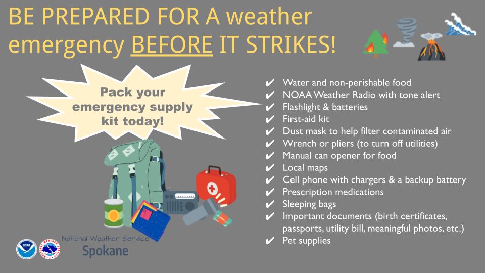 Good morning Inland NW! Wildfire Awareness Month, which occurs in May, is a time to increase awareness about wildfire risks and promote preparedness. Do you have an emergency supply kit ready in the event you have to evacuate? #wawx #idwx