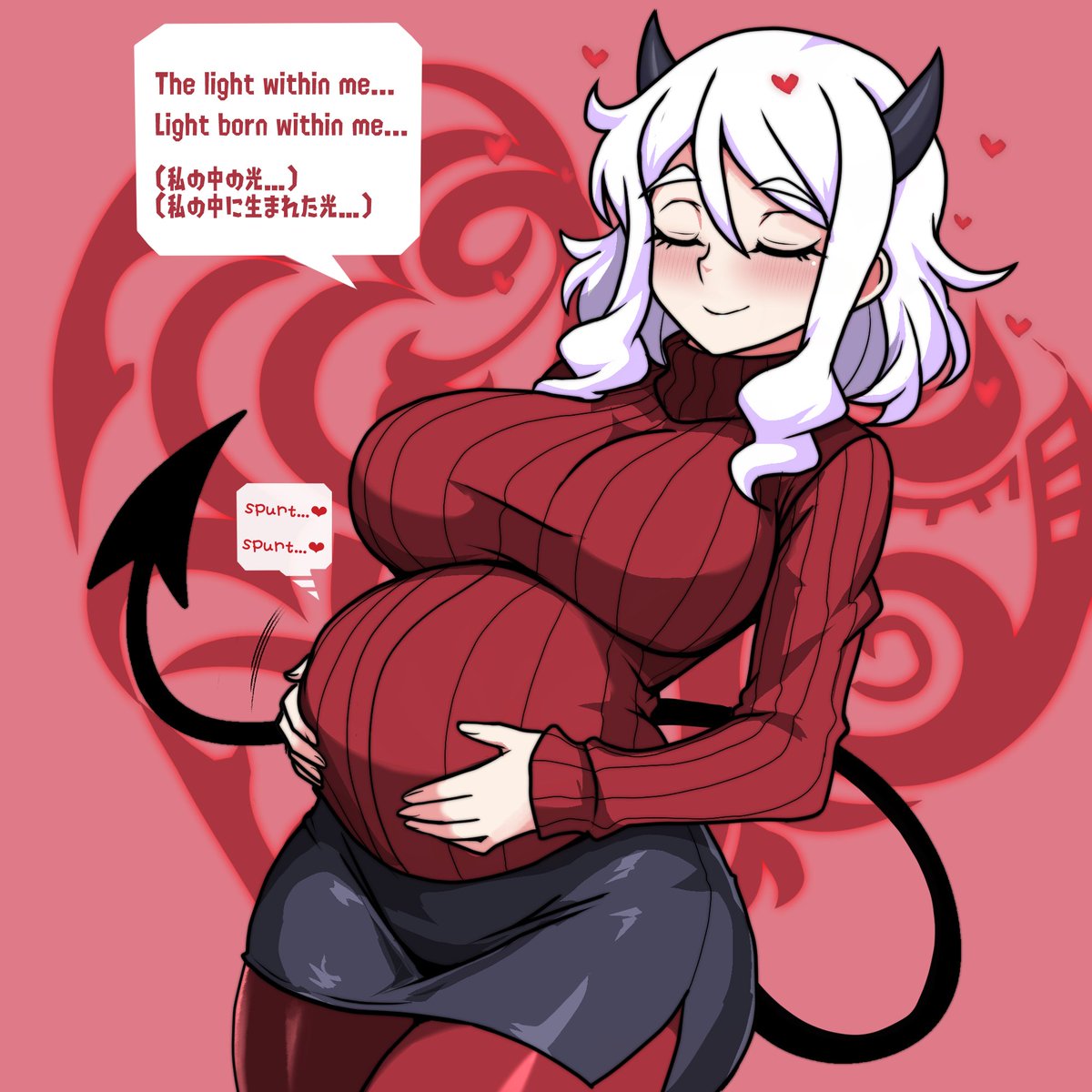 ksk__oda's tweet photo. Modeus, The Pregnant Demon ：RE #Helltaker 
背面に子作りの一部始終を貼った方が���いかなと考案中
ところで擬音の英訳って難しいわ https://t.co/otOtn2or8e