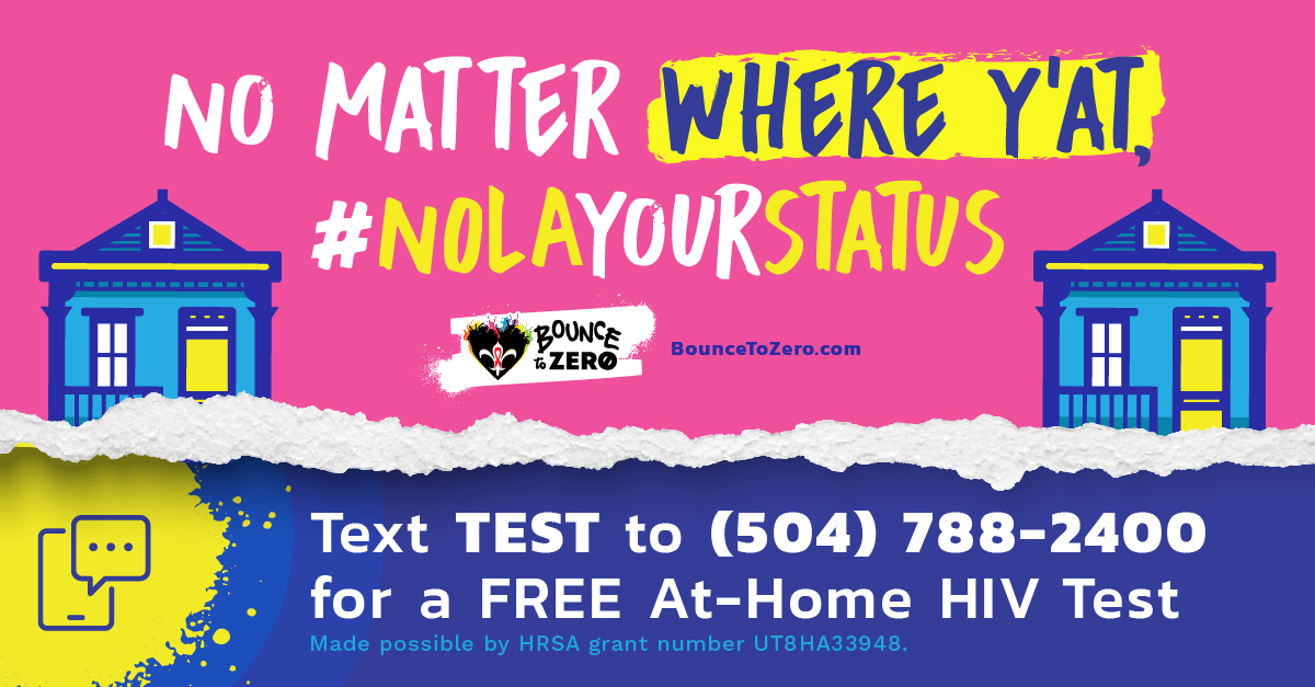 Bouncetozero's tweet image. No matter where y'at, knowing your HIV status is important—and easier than ever!
👉🏾 Order your FREE at-home HIV and/or Syphilis test kit online at bouncetozero.com/ahs-form/ or by texting "TEST" to (504) 788-2400.
Quick, private, and secure testing, right at home.