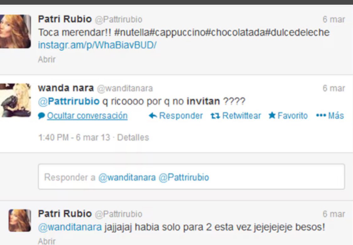 A ver a ver …. 😏
Aquí👇
#wandapsciquiatrica  en NOVIEMBRE DEL 2013 le escribía a la NOVIA DE MAURO #PatriRubio , para que se junten porque eran MUY AMIGAS.
#wandanefasta estaba casada con 3 pibes y tenía 27 años 
Maurito  18 años. 

MAURO Y WANDA se CASARON EN MAYO DEL 2014 😳.