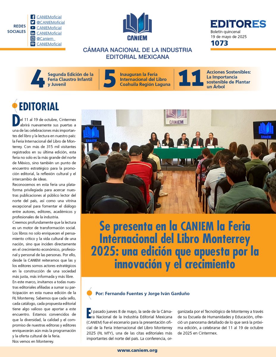 Boletín EDITORES 1073
1. Se presenta en la CANIEM la FIL Monterrey 2025 
2. 2da. Edición de la Feria Claustro Infantil y Juvenil
3. Inauguran la FIL Coahuila Región Laguna
4. CONVOCATORIA EDICIÓN XXXIV BECA JUAN GRIJALBO
5. NewsLetter Legislativo
Y más...
caniem.mx/boletines/file…