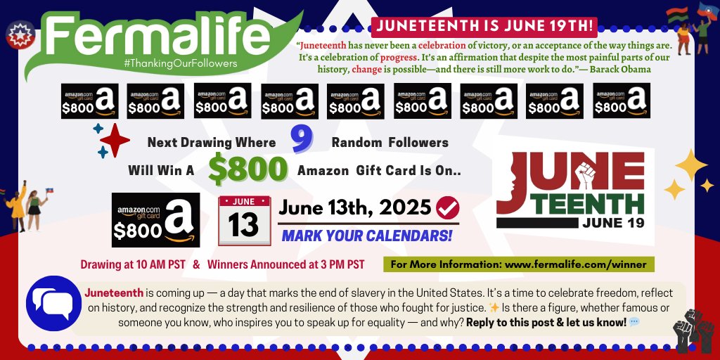 ✅MARK YOUR CALENDARS! Our next #ThankingOurFollowers drawing is 6-13-25! 9 random followers will #win a $800 #AmazonGiftCard each! We're celebrating #Juneteenth. Is there someone who inspires you to speak up for equality? Let us know below! More: fermalife.com/winner ✨