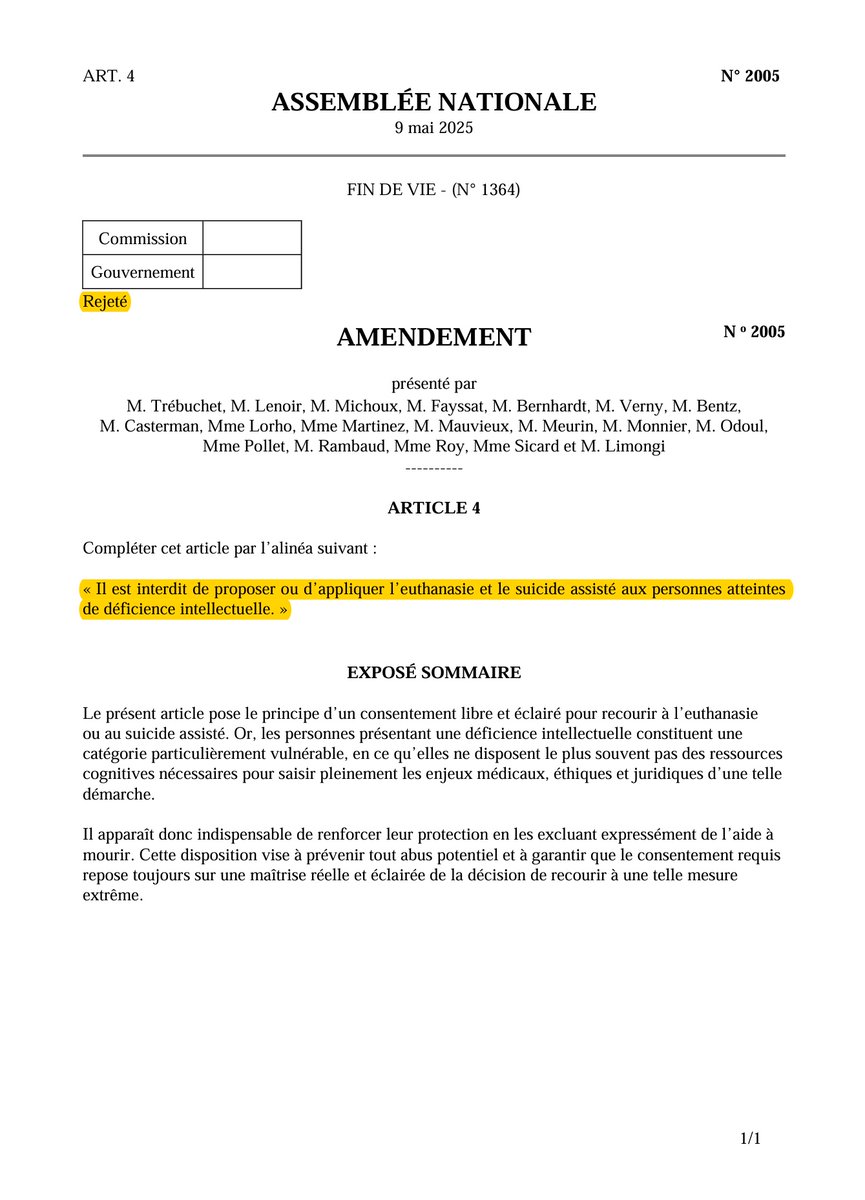 Jon De Lorraine (@jon_delorraine) on Twitter photo 🔴🇫🇷ALERTE INFO | L'Assemblée Nationale vient de rejeter un amendement qui empêche l'application de l'euthanasie et le suicide assisté aux personnes atteintes de déficiences intellectuelles.
LA HONTE CETTE ASSEMBLÉE.
RELAYEZ !!!
Merci à <a href="/groupeudr/">Groupe UDR</a> d'avoir tenté de les protéger. 🔴🇫🇷ALERTE INFO | L'Assemblée Nationale vient de rejeter un amendement qui empêche l'application de l'euthanasie et le suicide assisté aux personnes atteintes de déficiences intellectuelles.
LA HONTE CETTE ASSEMBLÉE.
RELAYEZ !!!
Merci à <a href="/groupeudr/">Groupe UDR</a> d'avoir tenté de les protéger.