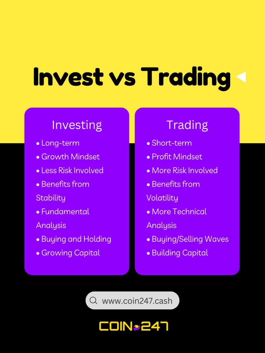 Coin247_Cash's tweet photo. Investing vs. Trading: Which Path Suits Your Financial Goals? 📈💰 https://t.co/u7FVU5tFEy