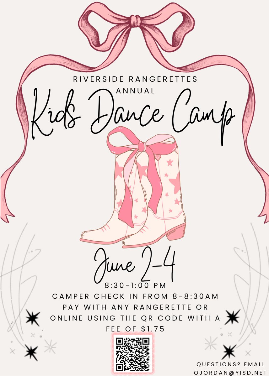 Join us for our annual kids dance camp June 2-4! 💃Learn different styles of dances, play games &amp; a showcase for your families on the final day! Don’t miss out, we can’t wait to dance with you! 👢🎀💖