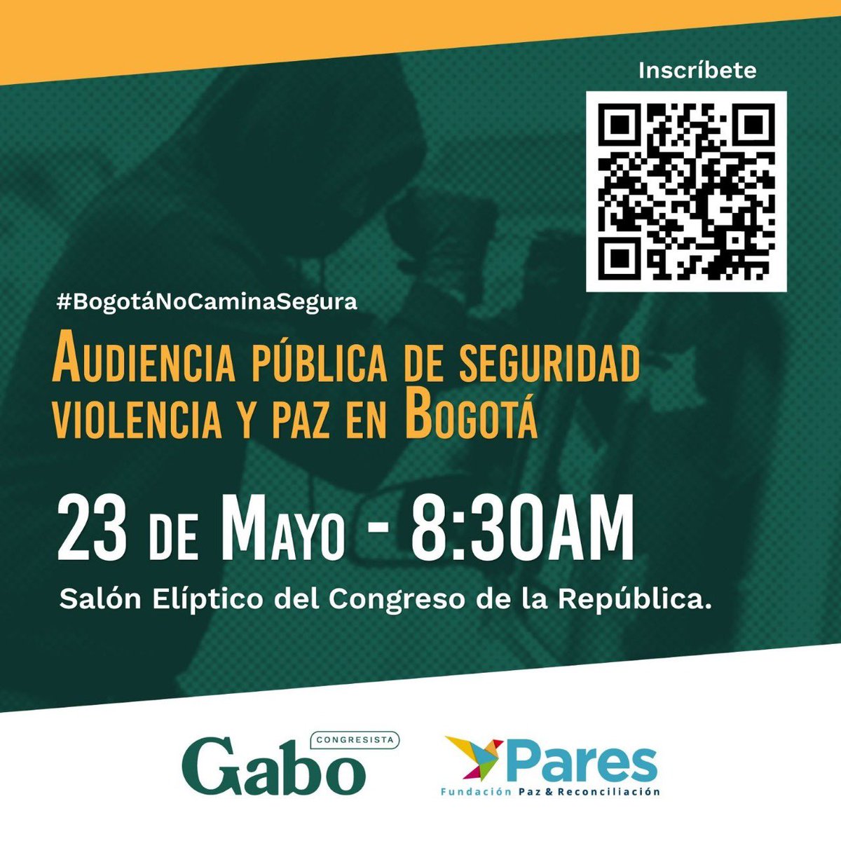 #BogotaNoCaminaSegura | ¿Qué está pasando con la seguridad en Bogotá?

🗣 ¡Tu voz es importante! Participa en la Audiencia Pública de seguridad, violencia y paz en Bogotá. Este viernes 23 de mayo, a las 8.30am en el Salón Elíptico del Congreso de la República. 

👉 Inscríbete en