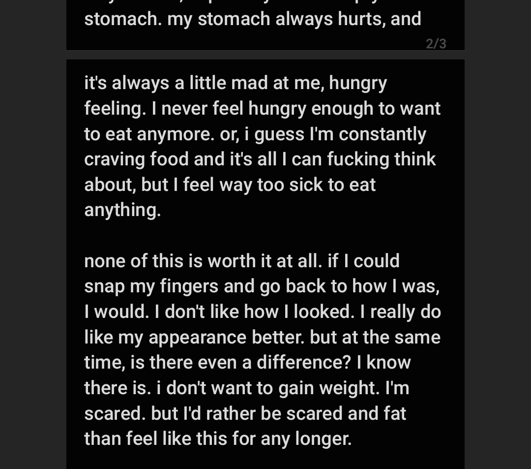 a note I wrote myself when I first decided to ACTUALLY recover!! big tw I go in depth about symptoms, thoughts etc. titled "dont stop eating" and its helped me when I get urges to go back