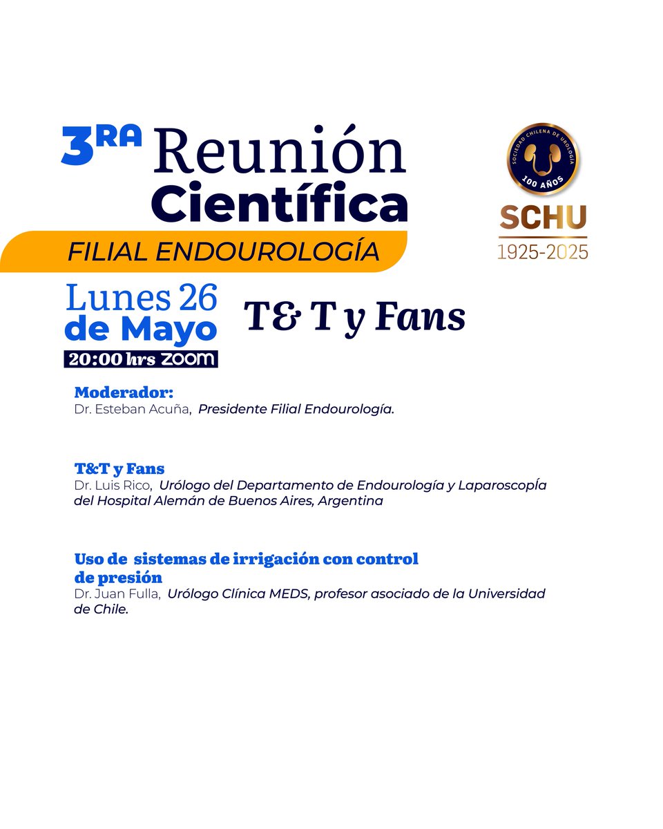 Sociedad Chilena de Urología (@urolchi) on Twitter photo Se viene nuestra 3ra. Reunión Científica del año. Esta sesión será organizada por la filial de Endourología.
🗓️Lunes 26 de mayo
🕰️20:00 hrs.
Vía Zoom
Inscripciones: urologiachile@schu.cl
#SCHU #endourología #ReuniónCientífica Se viene nuestra 3ra. Reunión Científica del año. Esta sesión será organizada por la filial de Endourología.
🗓️Lunes 26 de mayo
🕰️20:00 hrs.
Vía Zoom
Inscripciones: urologiachile@schu.cl
#SCHU #endourología #ReuniónCientífica