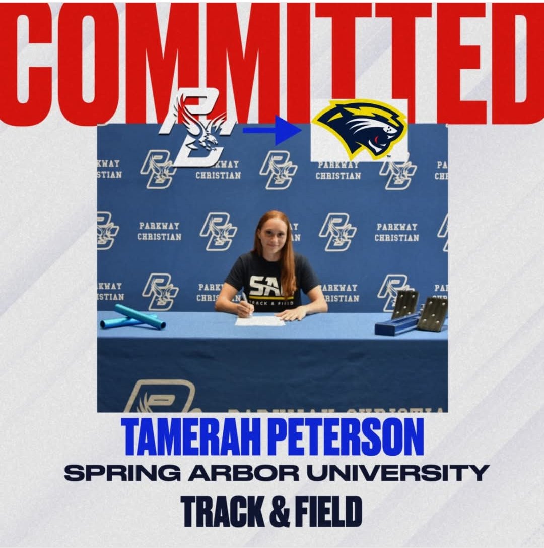 Parkway Christian Track 🎖 (@parkway_track) on Twitter photo Congratulations to Senior Tamerah Peterson on her signing day with Spring Arbor University. Tamerah will be headed to Spring Arbor to continue her strong academic career and her athletic career in Track and Field. <a href="/PetersonTamerah/">Tamerah Peterson</a> <a href="/MIPrepZoneMD/">MIPrepZone Macomb</a> <a href="/pceaglesath/">Parkway Christian Athletics</a> Congratulations to Senior Tamerah Peterson on her signing day with Spring Arbor University. Tamerah will be headed to Spring Arbor to continue her strong academic career and her athletic career in Track and Field. <a href="/PetersonTamerah/">Tamerah Peterson</a> <a href="/MIPrepZoneMD/">MIPrepZone Macomb</a> <a href="/pceaglesath/">Parkway Christian Athletics</a>