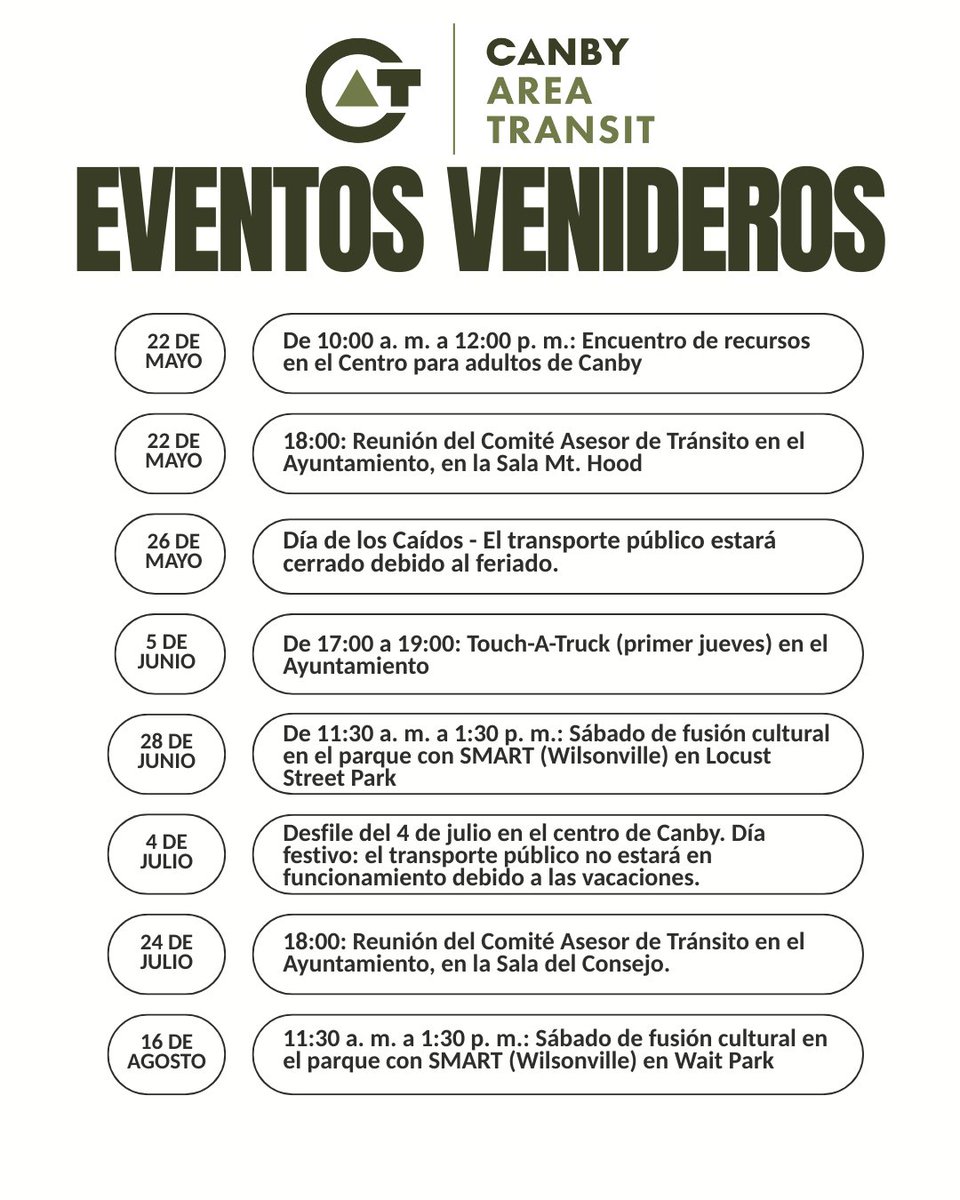 CanbyTransit's tweet image. 🚍 Canby Area Transit – Upcoming Events! 🗓️
Join us for fun, community, and transit updates! Here’s what’s coming up 👇
canbyoregon.gov/area-transit/p…
#CanbyTransit #CommunityEvents #TransitUpdates