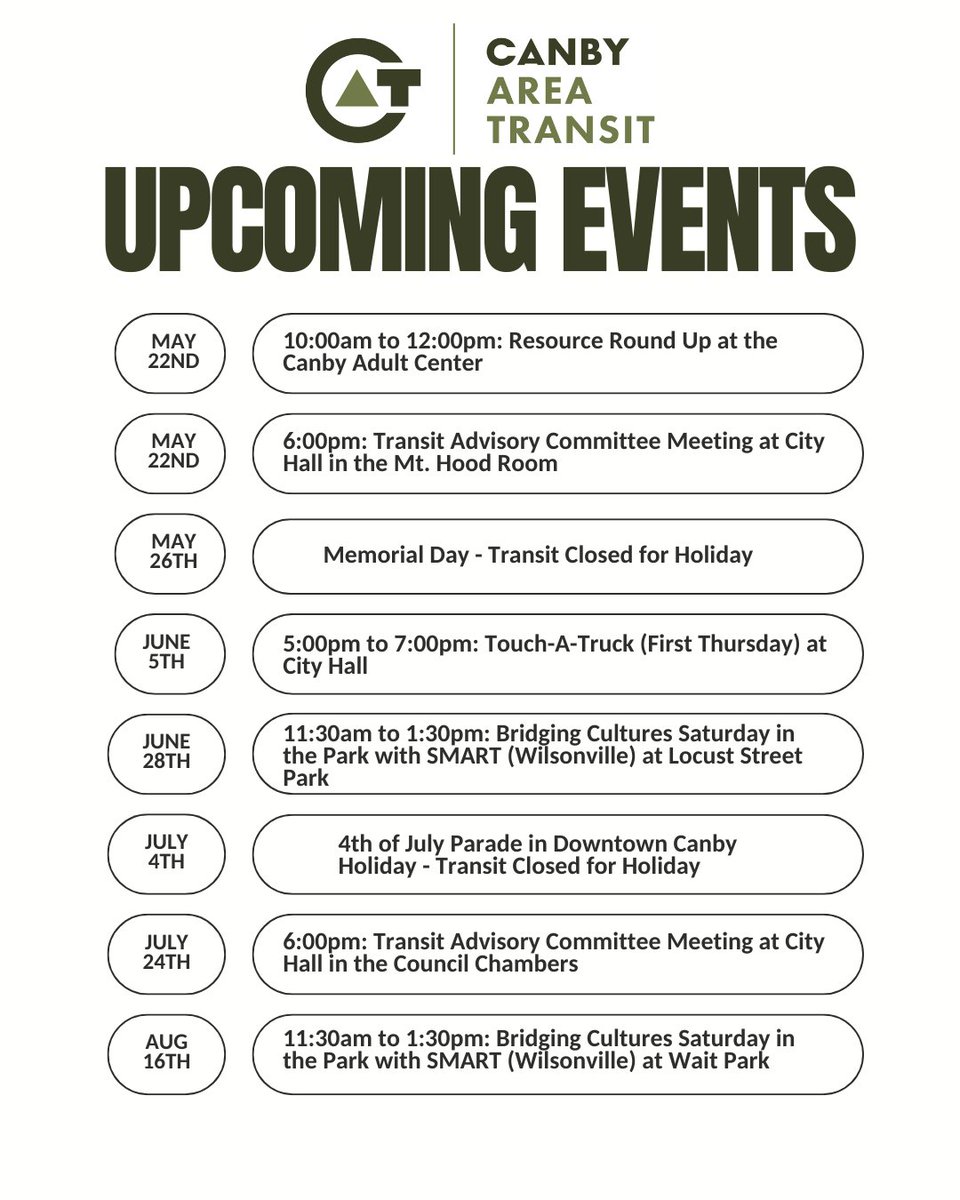 CanbyTransit's tweet image. 🚍 Canby Area Transit – Upcoming Events! 🗓️
Join us for fun, community, and transit updates! Here’s what’s coming up 👇
canbyoregon.gov/area-transit/p…
#CanbyTransit #CommunityEvents #TransitUpdates