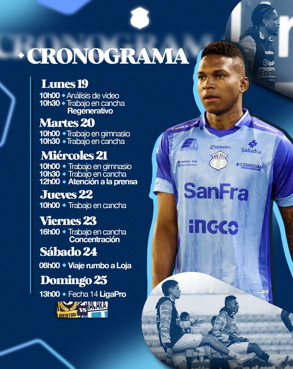 Club Dep. Macará (@macara_oficial) on Twitter photo 𝗨𝗻𝗮 𝗻𝘂𝗲𝘃𝗮 𝘀𝗲𝗺𝗮𝗻𝗮 𝗱𝗲 𝘁𝗿𝗮𝗯𝗮𝗷𝗼𝘀 🗓⚽️
Estas son las actividades programadas para esta semana en la que enfrentaremos a <a href="/LibertadFC3/">Libertad Fútbol Club</a> ⚔️⚽✊🏻
#VamosMacará
#JuntosOtraVez
#TemporadaCeleste2025 𝗨𝗻𝗮 𝗻𝘂𝗲𝘃𝗮 𝘀𝗲𝗺𝗮𝗻𝗮 𝗱𝗲 𝘁𝗿𝗮𝗯𝗮𝗷𝗼𝘀 🗓⚽️
Estas son las actividades programadas para esta semana en la que enfrentaremos a <a href="/LibertadFC3/">Libertad Fútbol Club</a> ⚔️⚽✊🏻
#VamosMacará
#JuntosOtraVez
#TemporadaCeleste2025