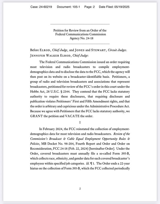 MarioNawfal's tweet image. 🚨🇺🇸 COURT KILLS BIDEN FCC DIVERSITY MANDATES FOR BROADCASTERS

An appellate court just nuked the FCC&apos;s 2024 order requiring broadcasters to publicly post employment demographics—a ruling Commissioner Brendan Carr is celebrating like he just won regulatory bingo.

Brendan Carr…