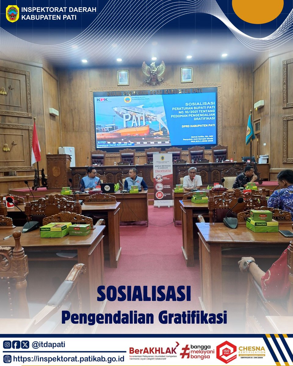 itdapati's tweet image. Tim UPG Inspektorat Daerah Kabupaten Pati menjadi narasumber pada Kegiatan Sosialisasi Program Pengendalian Gratifikasi pada hari Jum’at (16/05/2025) di Ruang Rapat Paripurna DPRD Kabupaten Pati.

#ASNBerAKHLAK
#BanggaMelayaniBangsa