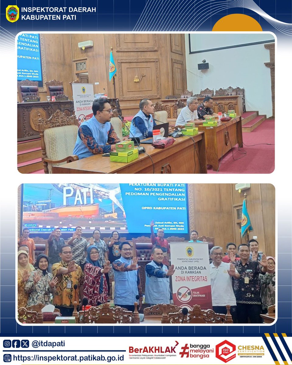 itdapati's tweet image. Tim UPG Inspektorat Daerah Kabupaten Pati menjadi narasumber pada Kegiatan Sosialisasi Program Pengendalian Gratifikasi pada hari Jum’at (16/05/2025) di Ruang Rapat Paripurna DPRD Kabupaten Pati.

#ASNBerAKHLAK
#BanggaMelayaniBangsa