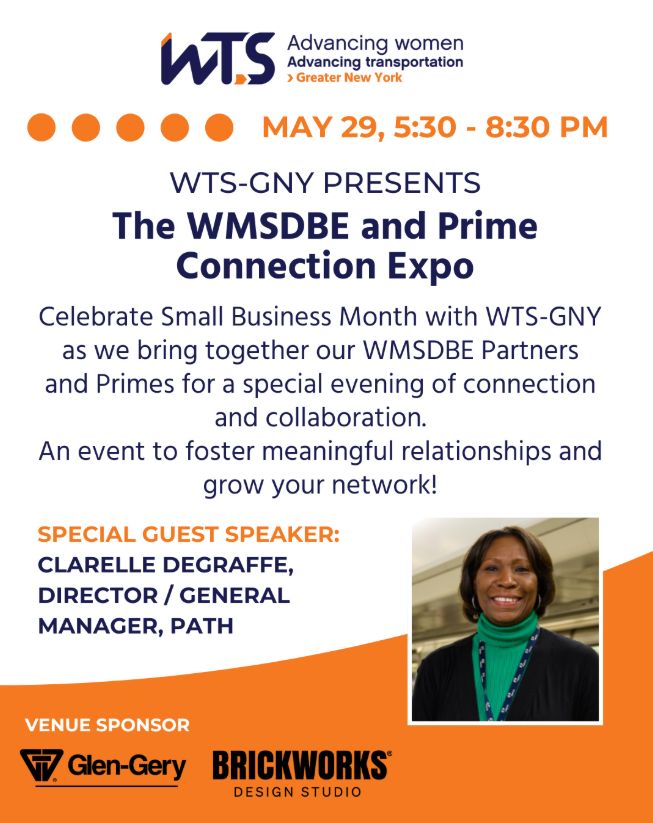 Join WTS-GNY at the WMSDBE &amp; Prime Connection Expo! 
 Special Guest Speaker:
 Clarelle DeGraffe, Director / General Manager, PATH
Register here: lnkd.in/e3Ufe4px

#WeAreWTS #WomenInTransportation 
#SmallBusinessMonth #WMSDBE